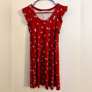 LOFT red ruffle sleeve mini dress with blue and white flower design.